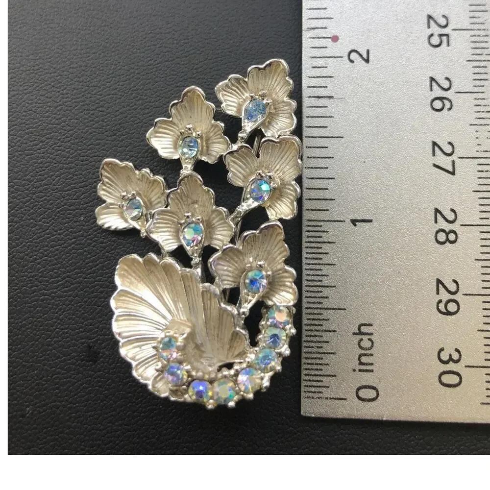 Vintage Brushed Silver Tone Aurora Borealis Brooch Leaf